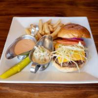 Buon Burger · 8 oz. of ground beef served with American cheese, crisp shredded lettuce, red onions on a br...