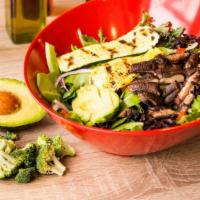 Dr. Grilled Veggie Salad · Field greens, grilled zucchini and yellow squash, grilled portobello mushrooms, roasted red ...