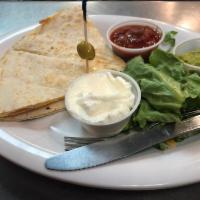 Cheese Quesadilla · White wrap. Comes with a side of guacamole, sour cream, and salsa.