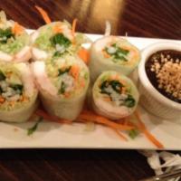 Summer Shrimp Roll · Shrimp, cucumber, carrot, lettuce, rice noodles, mint leaves, cilantro and basil wrapped in ...