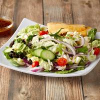 Ecco's House Salad · Mixed greens with tomatoes, olives, cucumbers, red onions, shredded mozzarella cheese and se...