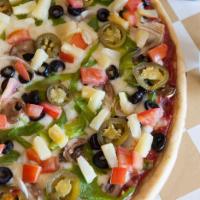 Vegetarian Pizza · Pizza sauce, mozzarella, mushrooms, black olives, onions, and bell peppers.