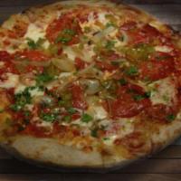 The Santa Rosa Pizza · Red sauce pizza with fresh mozzarella cheese, pepperoni, hatch green chile, caramelized onio...