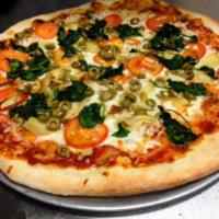 Spartan Pizza · House made red sauce with fresh mozzarella cheese, fresh sliced Roma tomato, artichoke heart...
