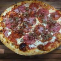 Eve of Destruction Pizza · Red sauce pizza with fresh mozzarella cheese, pepperoni, Italian sausage, Genoa salami, Cana...