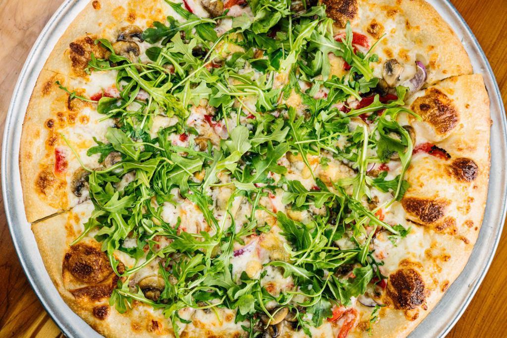 The Kinky Wizard Pizza · Truffle oil sauce pizza with fresh mozzarella cheese, saute mushroom, ricotta cheese, shaved Parmesan cheese, red onion, roasted red pepper and topped with fresh arugula leaf.