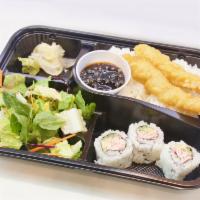 F7. Shrimp Tempura with California Roll Bento Box · Served with veggies, salad and rice.