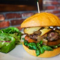 TFT Burger · Grass-fed beef burger with tomatoes, butter lettuce, caramelized onions, blue cheese aioli a...