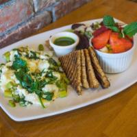 Eggs La Fountaine All Day Breakfast · Scrambled egg whites with spinach and asparagus served with baby greens, fruit and wheat toa...