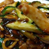 5. Garlic Chicken · Served with carrots, zucchini and bamboo shoots in garlic sauce. Hot and spicy.