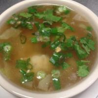 Wonton Soup · Clear soup with shrimp and chicken stuffed in wonton sheet with napa, green onions, cilantro...