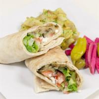 13. Grilled Eggplant Wrap · Fresh grilled eggplant, lettuce, tomatoes, feta cheese and house dressing. Served with pickl...