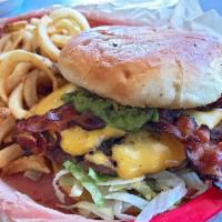 Cali Cheeseburger · Grilled bun, bacon, guacamole, and cheese, lettuce, tomato, onion, mustard and ketchup. Made...