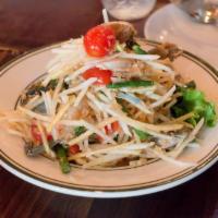 Y4. Papaya Salad with Raw Crab · With dried shrimp powder. Thai style. Please create own level / non spicy / mild / medium / ...