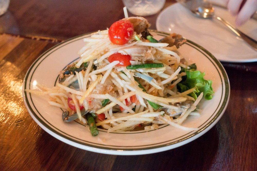 Y4. Papaya Salad with Raw Crab · With dried shrimp powder. Thai style. Please create own level / non spicy / mild / medium / spicy / Thai spicy