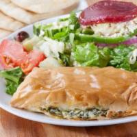 Spinach Pie Platter (Spanakopita) with Greek salad · Served with a Greek salad. Vegetarian.