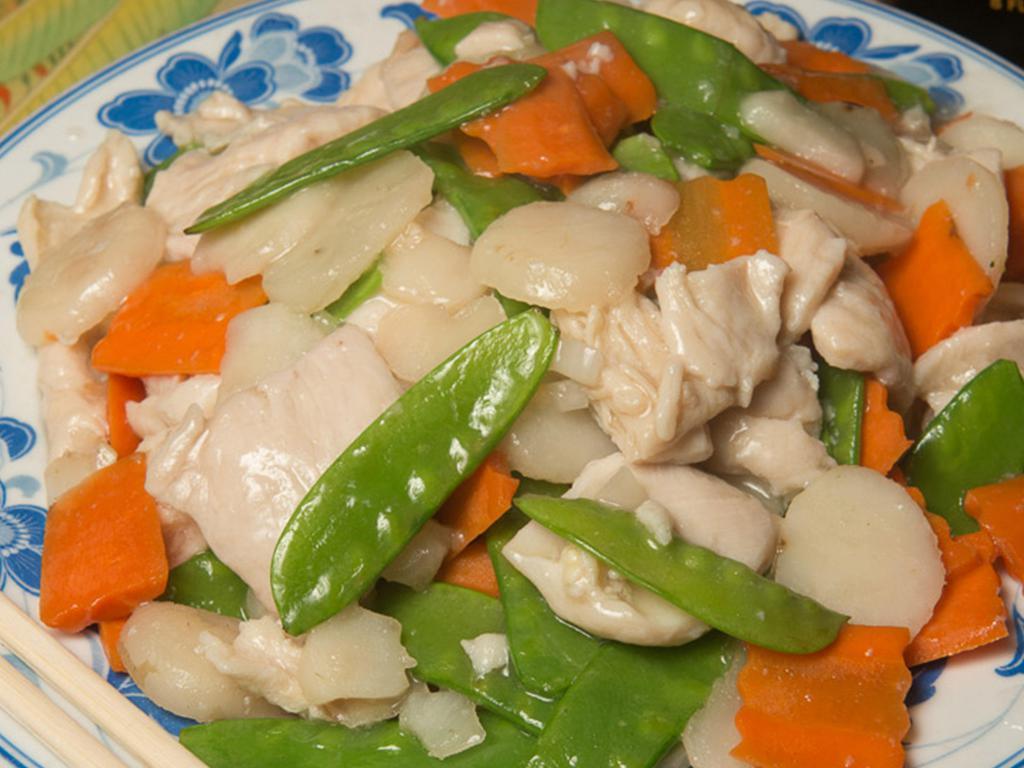 4. Snow Peas Chicken · Served with snow peas and water chestnuts.