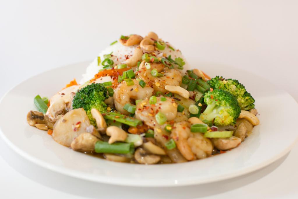 Cashew and Veggie Delight · Crunchy cashews topped on mixed veggies stir-fried with homemade brown sauce: choice of protein, choice of rice, cashew nut, broccoli, snow peas, carrot, water chestnut, onion, mushroom