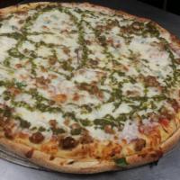 Chapli Kebab Pizza · Chicken chapli, kebab, onions, cilantro and special green chatni.