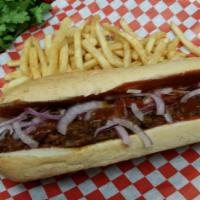 Hot BBQ Beef Sub · Shredded beef and BBQ sauce topped with red onion. Served with fries.