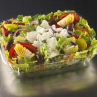 Greek Salad · Lettuce, Kalamata olives, onion, tomatoes, bell pepper, feta cheese.
