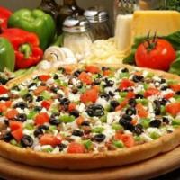 Greek Pizza · Kalamata olive, bell peppers, tomatoes, feta cheese, onion, mozzarella cheese and  marinara ...