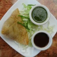 Meat Samosa · Triangular pies stuffed with ground chicken, herbs and spices. Medium spicy.