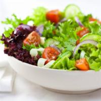 Garden Salad · Mixed greens, grape tomatoes, onions, cucumbers, carrots and olives.