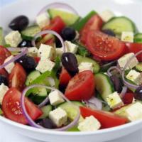 Greek Salad · Romaine lettuce, grape tomatoes, cucumbers, onions, olives, feta and oregano. 