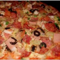 Supreme Pizza · Pepperoni, Onions, Sausage, Peppers, Meatball, Mushrooms, Ham, Pineapple, Bacon, Olives.