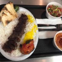 4. Beef Shish Kabob Plate · Served with basmati rice, grilled tomato, jalapeno, pita bread and 2 side orders.