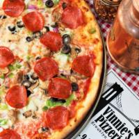 Combination N.Y. Pizza · Sausage, pepperoni, mushrooms, bell peppers, onions, black olives, tomato sauce and mozzarel...