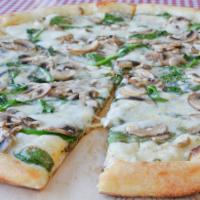 Manhattan Pizza · Spinach, mushrooms, mozzarella and Gorgonzola cheese with white sauce.