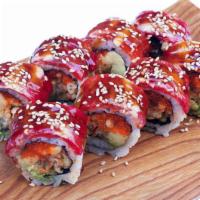 Red Dragon Roll · Eel, smelt roe, avocado, tempura crunch; cooked red pepper, eel sauce and spicy mayo on top