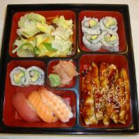 Chicken Teriyaki Combo · 1 piece each: tuna, salmon and shrimp nigiri; 
1 California roll, teriyaki chicken, miso sou...