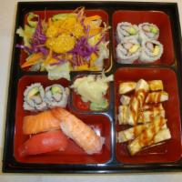 Salmon Teriyaki Combo · 1 piece each: tuna, salmon and shrimp nigiri;
1 California roll, teriyaki salmon, miso soup ...