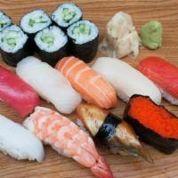 Sushi Deluxe · 1 piece each: tuna, white fish, eel, albacore, squid, shrimp and smelt roe, 2 pieces salmon;...