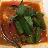 J8. Egg and Okra Curry · Burmese style curry with hard boiled eggs, okra and tomatoes. Vegetarian.