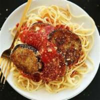 Baked Spaghetti with Eggplant · Low carb spaghetti topped with breaded eggplant slices baked with mozzarella cheese and mari...