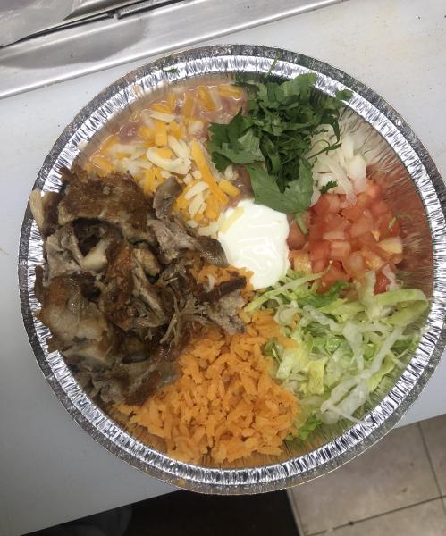 Bowl · A delicious way to savor more the meats without the tortillas. Our bowls contain rice, bean, lettuce, pico de gallo, sour cream, Monterey jack with cheddar cheese & your favorite protein.