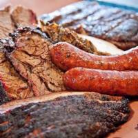 BBQ for 2 Platter · 1 lb. Choice of 3 meats, 3 small sides and 2 corn muffin tops.