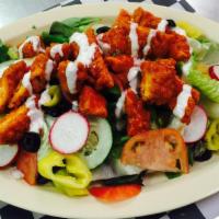 Buffalo crispy chicken salad · Garden salad with buffalo crispy chicken tender