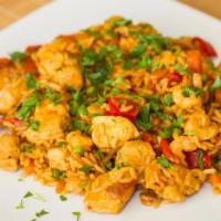 Arroz Con Pollo · Made with free range USDA organic chicken breast. Blend of Spanish rice, fresh pico de gallo...