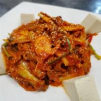 Jae Yook Kimchi Bokkeum · Sautee spicy Berkshire pork shoulder and kimchi in a sweet and spicy sauce garnished with fr...