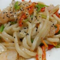 Yaki Udon · Stir fried udon noodles with vegetables, assorted mushrooms in a light brown sauce. Choice o...