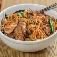 Lo Mein · Wheat noodles in a savory garlic brown sauce with mushrooms, cabbage, carrots, onions, and s...