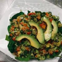 Quinoa Salad · Quinoa, spinach, tomato, onion, cucumber and dressing house avocado.