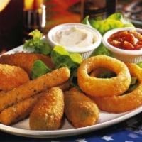 The Sampler · Stuffed jalapenos, zucchini, onion rings and mozzarella sticks.