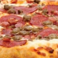 All Meat Pizza · Canadian bacon, pepperoni, sausage, bacon bits.