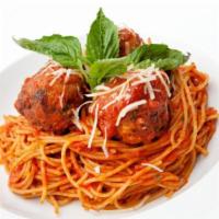 Spaghetti · Our authentic pasta sauce on a bed of spaghetti, covered with melted mozzarella and served w...